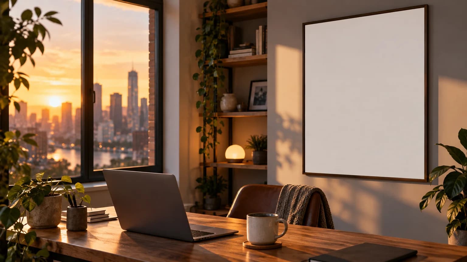 A designer's desk with a monitor, plants and a blank poster on the wall.