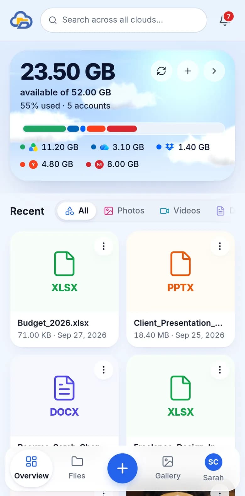 DixDrive on a phone: free space across five accounts and recent files