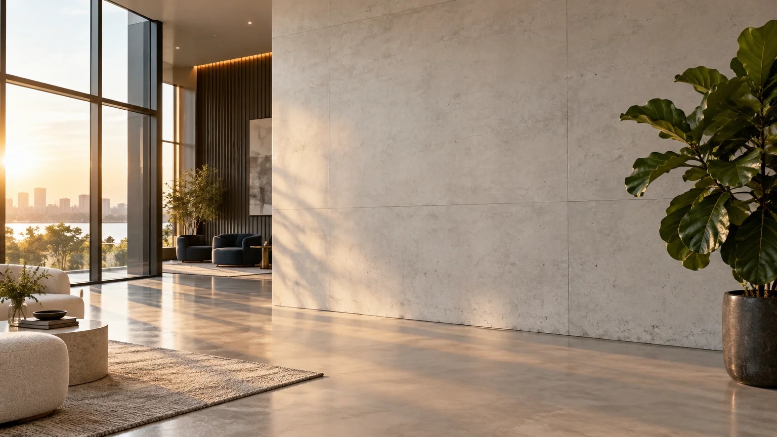 A bright, daylit studio with a large blank concrete wall.