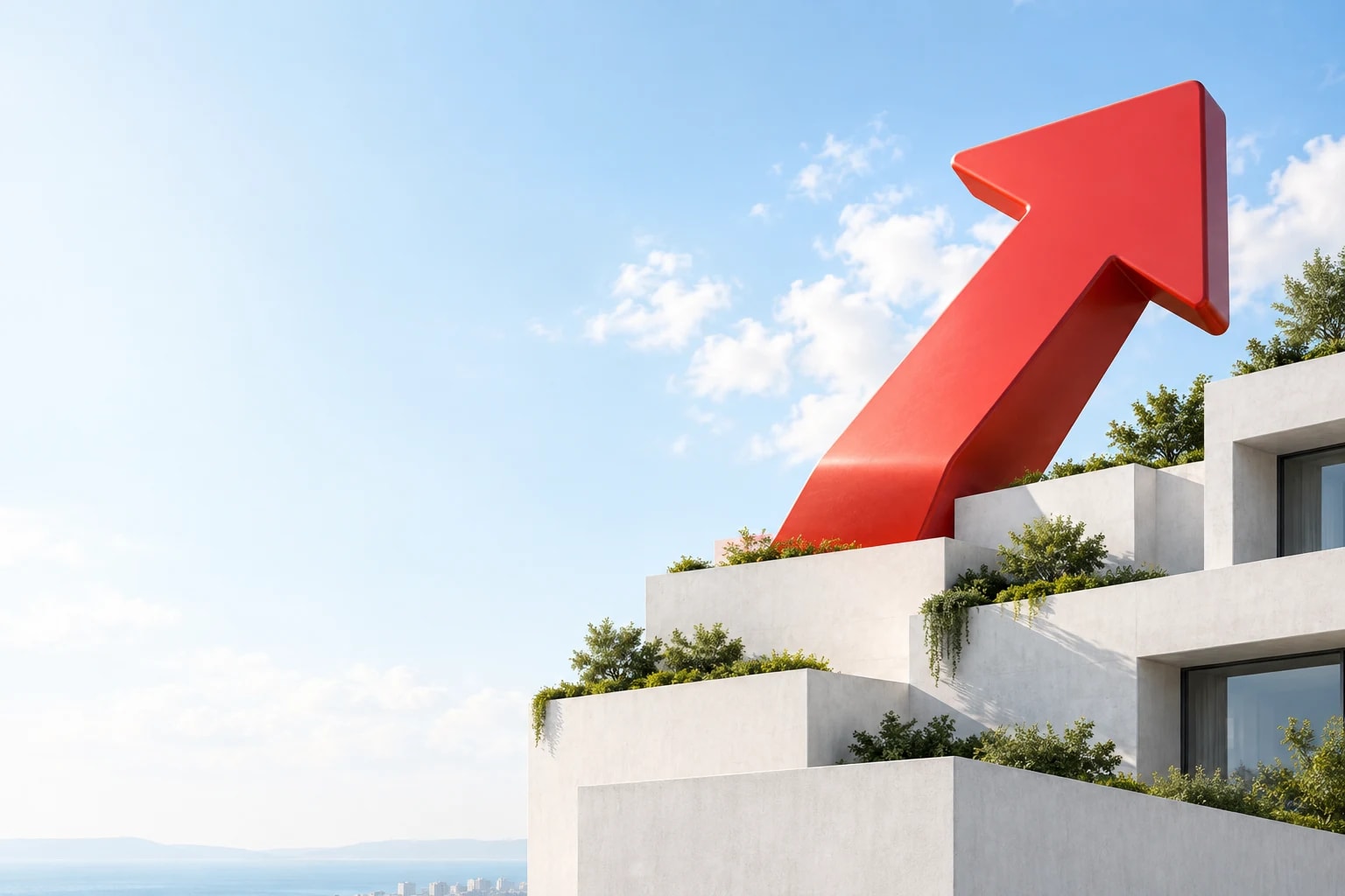 A large red three-dimensional arrow pointing forward and upward on a white modern building under a pale blue sky.