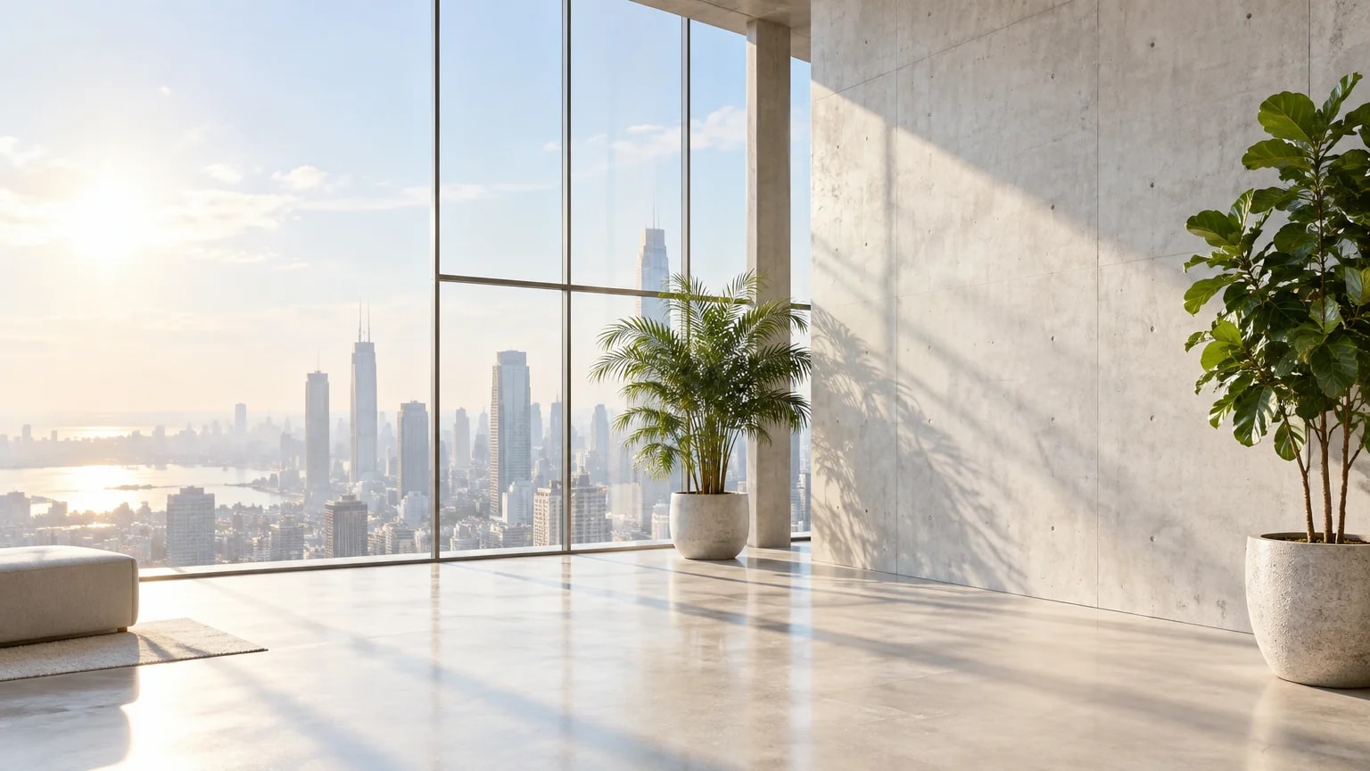 A bright, daylit studio with a large blank concrete wall.