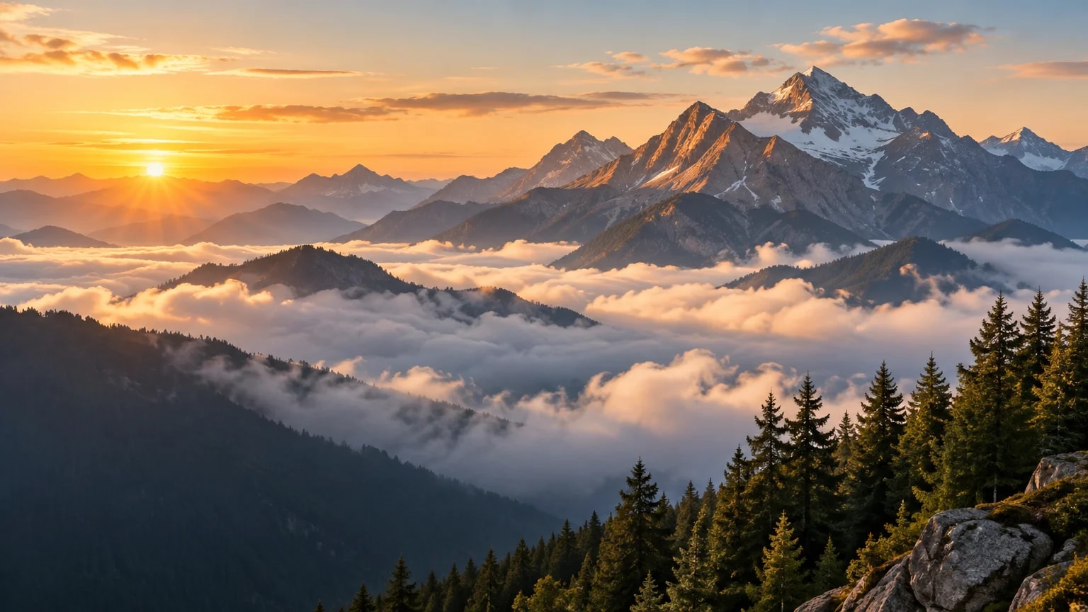 Sunlit mountain ridges in layered blue, rising toward a clear sky.